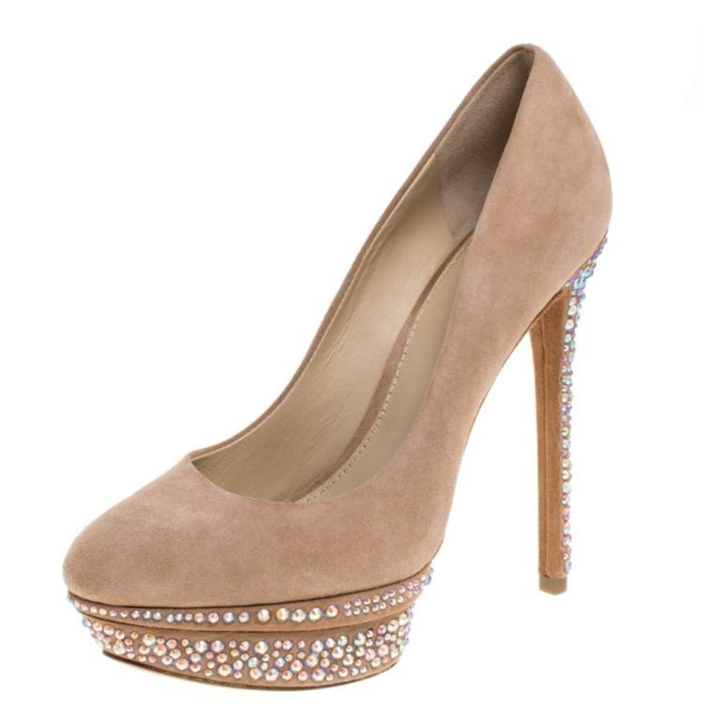 Women’s Brian Atwood Tan Suede Embellished Platform Pumps High Heels Size 37